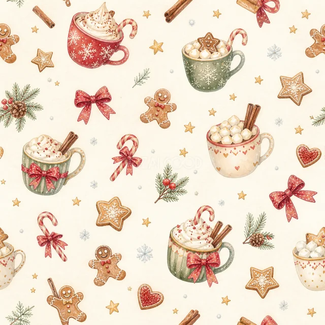 ホットココアとお菓子を散りばめた水彩絵本タッチのクリスマス背景パターン