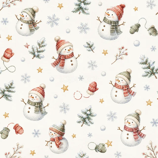 いろいろな雪だるまを散りばめた水彩絵本タッチのクリスマス背景パターン