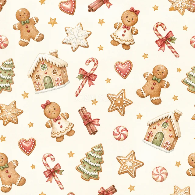 ジンジャーブレッドとクッキーを散りばめた水彩絵本タッチのクリスマス背景パターン