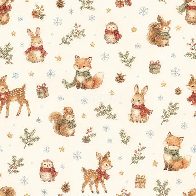 冬の森の動物を散りばめた水彩絵本タッチのクリスマス背景パターン
