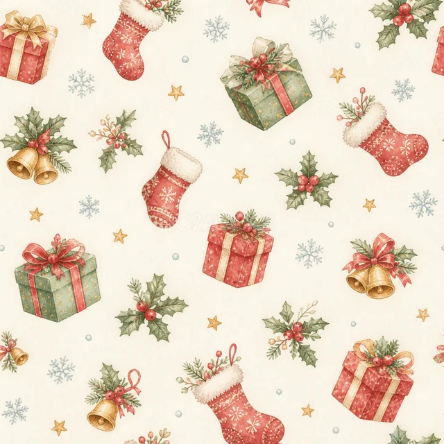 プレゼントと靴下を散りばめた水彩絵本タッチのクリスマス背景パターン