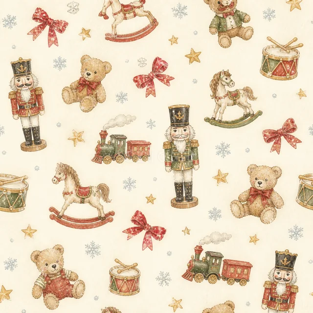 くるみ割り人形とテディベアと木馬を散りばめた水彩絵本タッチのクリスマス背景パターン