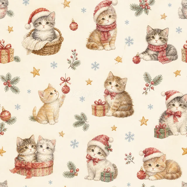 クリスマスを楽しむ猫たちを散りばめた水彩絵本タッチのクリスマス背景パターン