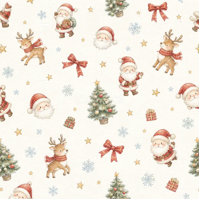 サンタとトナカイとツリーを散りばめた水彩絵本タッチのクリスマス背景パターン