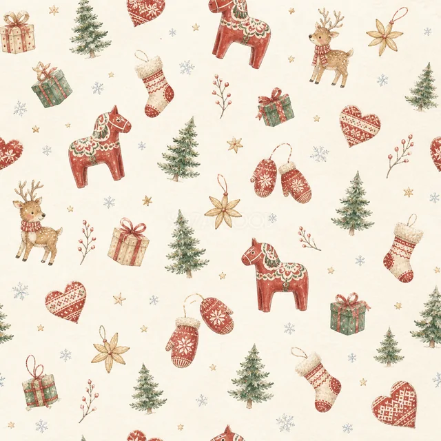 ダーラナホースと編み物小物を散りばめた水彩絵本タッチのクリスマス背景パターン