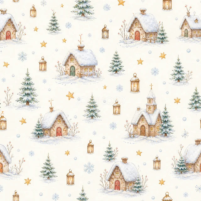 雪のクリスマス村を散りばめた水彩絵本タッチのクリスマス背景パターン