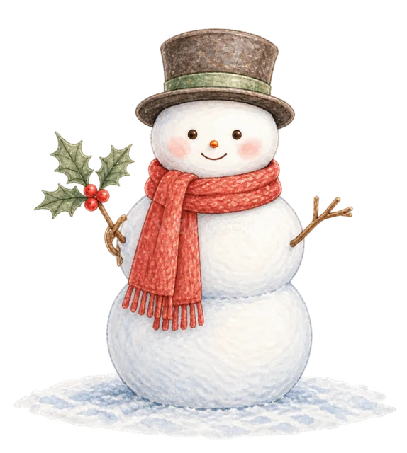 シルクハットとヒイラギの雪だるまを描いた水彩絵本タッチのかわいい雪だるまイラスト