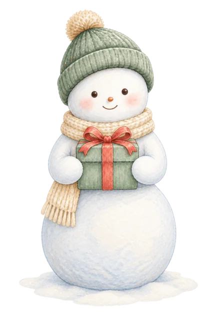 プレゼントを持つ雪だるまを描いた水彩絵本タッチのかわいい雪だるまイラスト