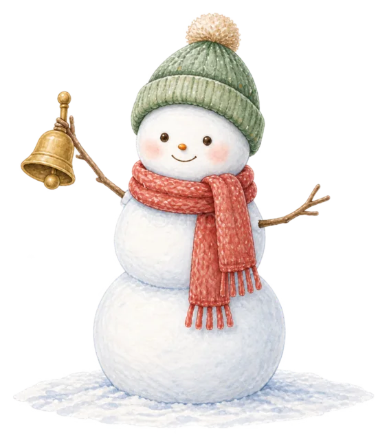 ベルを持つ雪だるまを描いた水彩絵本タッチのかわいい雪だるまイラスト