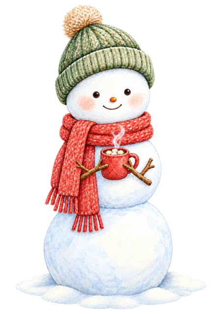 赤いマグカップを持つ雪だるまを描いた水彩絵本タッチのかわいい雪だるまイラスト