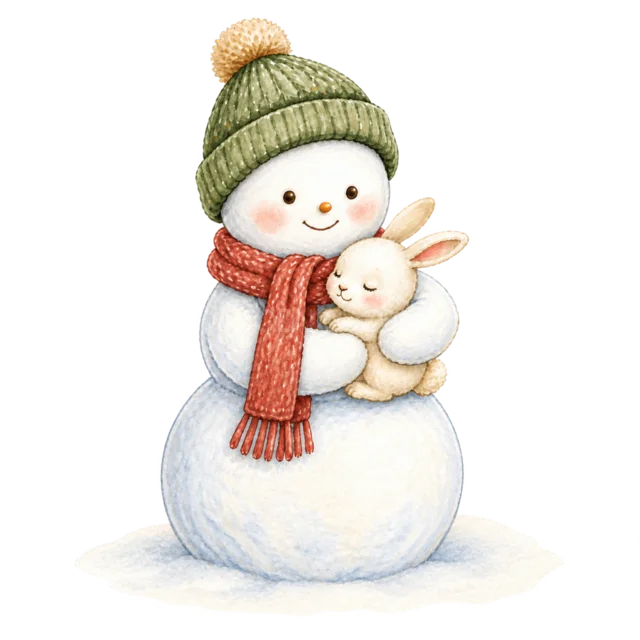 うさぎと雪だるまを描いた水彩絵本タッチのかわいい雪だるまイラスト