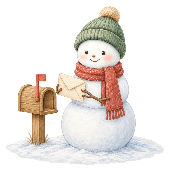 赤い郵便受けと雪だるまを描いた水彩絵本タッチのかわいい雪だるまイラスト