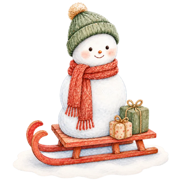 贈り物のそりを引く雪だるまを描いた水彩絵本タッチのかわいい雪だるまイラスト