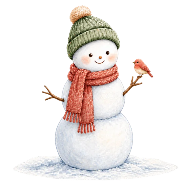 小鳥と雪だるまを描いた水彩絵本タッチのかわいい雪だるまイラスト
