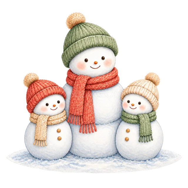 仲良し雪だるま家族を描いた水彩絵本タッチのかわいい雪だるまイラスト