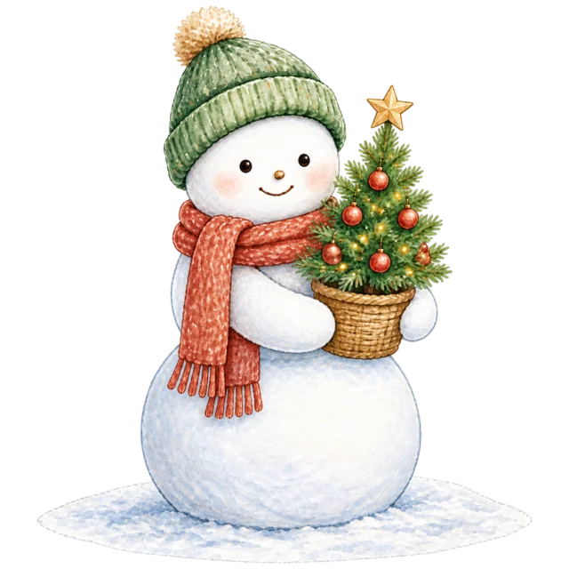 ツリーのそばの雪だるまを描いた水彩絵本タッチのかわいい雪だるまイラスト