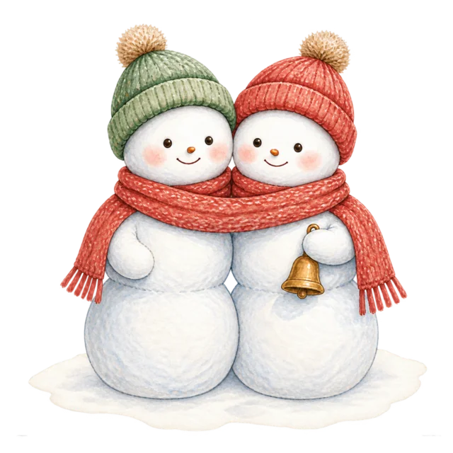 寄り添う雪だるまの二人組を描いた水彩絵本タッチのかわいい雪だるまイラスト