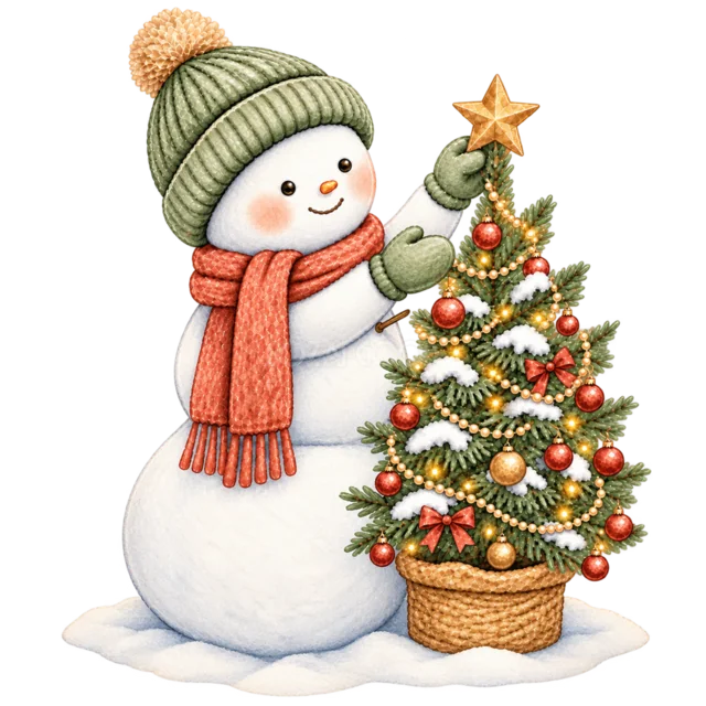 ツリーを飾る雪だるまたちを描いた水彩絵本タッチのかわいい雪だるまイラスト