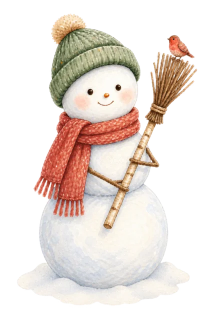 ほうきを持つ雪だるまを描いた水彩絵本タッチのかわいい雪だるまイラスト
