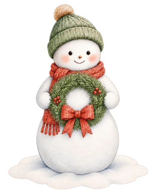 リースを持つ雪だるまを描いた水彩絵本タッチのかわいい雪だるまイラスト