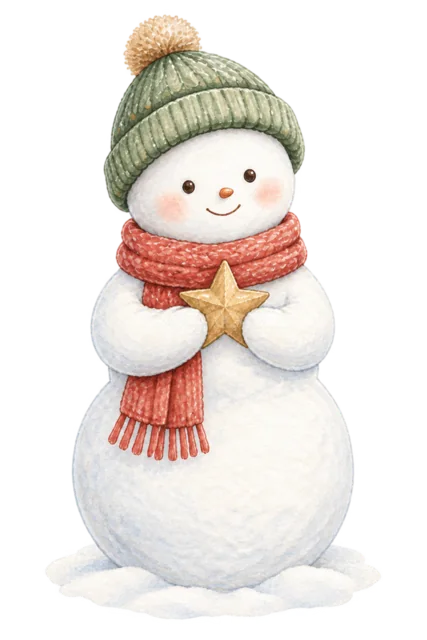 星を持つ雪だるまを描いた水彩絵本タッチのかわいい雪だるまイラスト