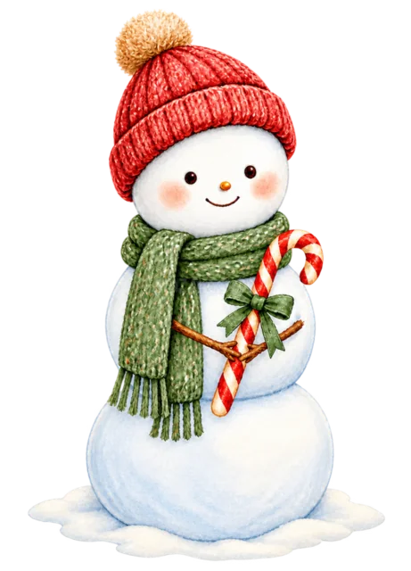 キャンディケインを持つ雪だるまを描いた水彩絵本タッチのかわいい雪だるまイラスト
