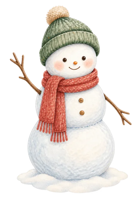 手を振る雪だるまを描いた水彩絵本タッチのかわいい雪だるまイラスト