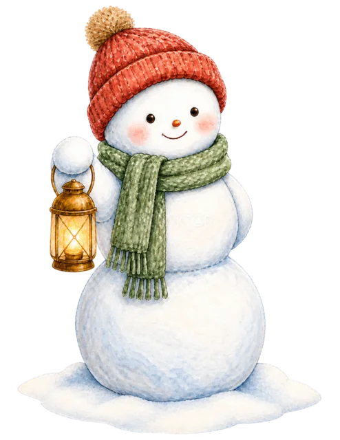 ランタンを持つ雪だるまを描いた水彩絵本タッチのかわいい雪だるまイラスト