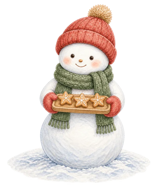 クッキーを運ぶ雪だるまを描いた水彩絵本タッチのかわいい雪だるまイラスト