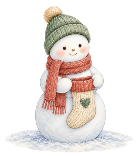 靴下を持つ雪だるまを描いた水彩絵本タッチのかわいい雪だるまイラスト