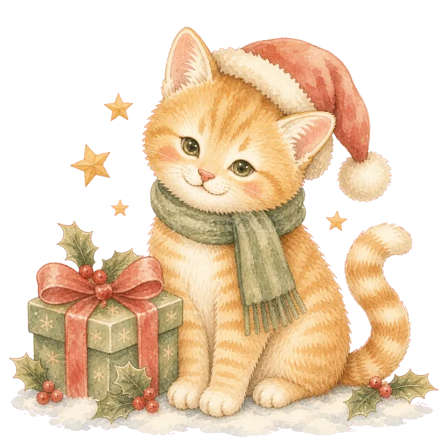 プレゼントと茶トラ猫を描いた水彩絵本タッチのかわいい猫のクリスマスイラスト