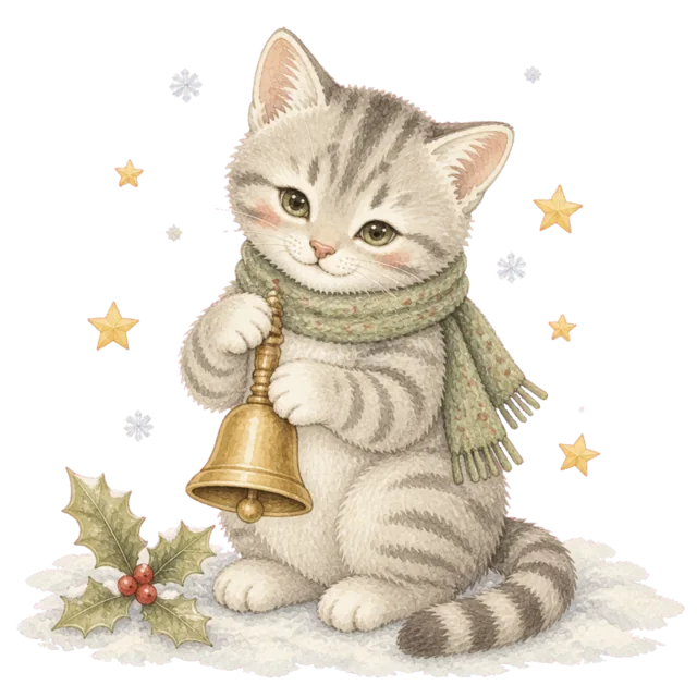 ベルを持つ灰色の猫を描いた水彩絵本タッチのかわいい猫のクリスマスイラスト
