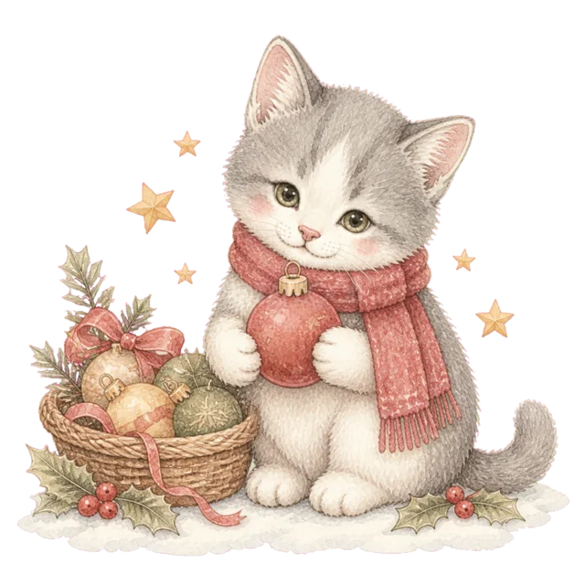 毛糸かごで遊ぶ灰色の猫を描いた水彩絵本タッチのかわいい猫のクリスマスイラスト