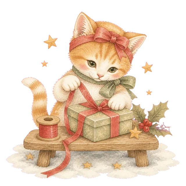 プレゼントを包む茶トラ猫を描いた水彩絵本タッチのかわいい猫のクリスマスイラスト