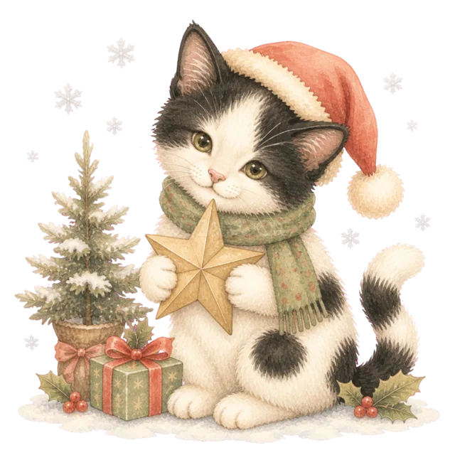 星を持つ白黒猫とツリーを描いた水彩絵本タッチのかわいい猫のクリスマスイラスト