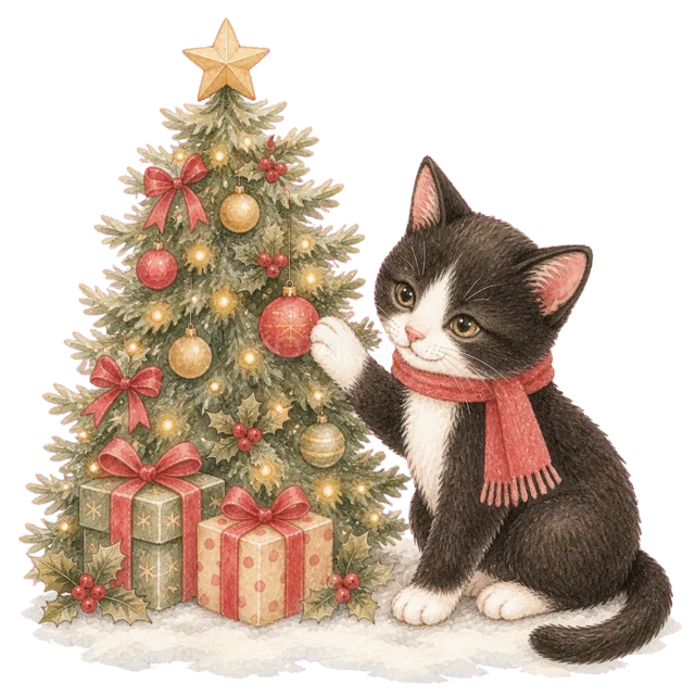 ツリーを飾る黒猫を描いた水彩絵本タッチのかわいい猫のクリスマスイラスト