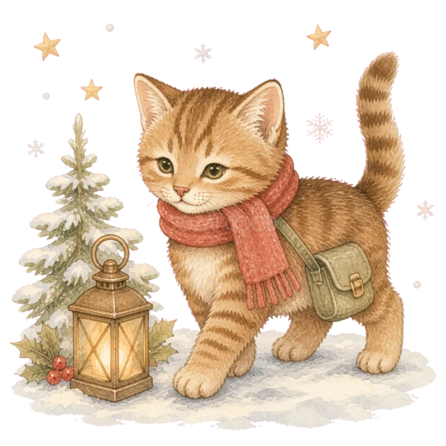 ランタンを持つ茶トラ猫を描いた水彩絵本タッチのかわいい猫のクリスマスイラスト