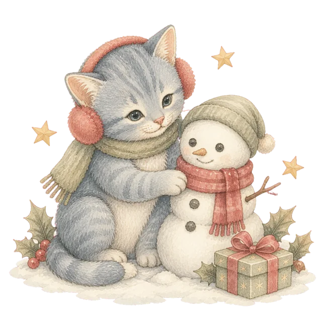 雪だるまを作る灰色の猫を描いた水彩絵本タッチのかわいい猫のクリスマスイラスト