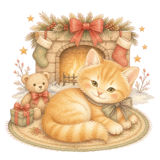 暖炉のそばの猫を描いた水彩絵本タッチのかわいい猫のクリスマスイラスト