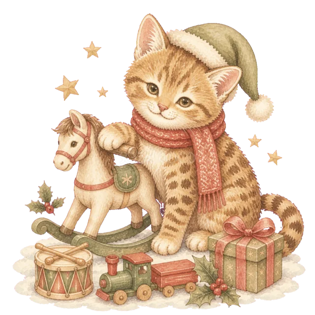 木馬とプレゼントで遊ぶ猫を描いた水彩絵本タッチのかわいい猫のクリスマスイラスト