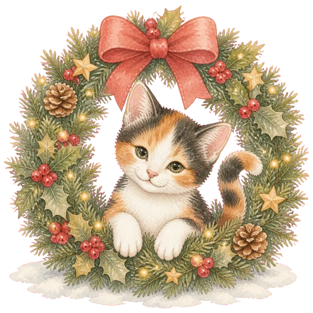 リースを持つ三毛猫を描いた水彩絵本タッチのかわいい猫のクリスマスイラスト
