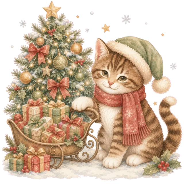 ツリーとそりのそばのキジトラ猫を描いた水彩絵本タッチのかわいい猫のクリスマスイラスト