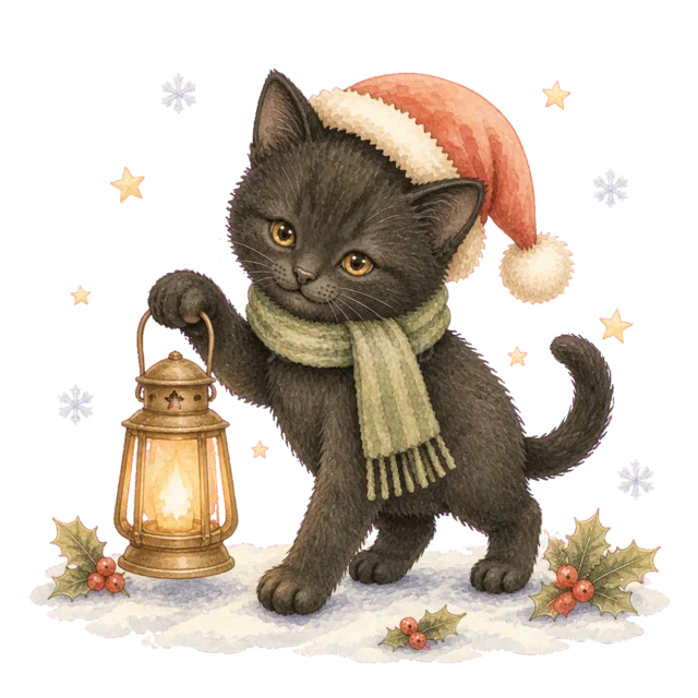 ランタンを持つ黒猫を描いた水彩絵本タッチのかわいい猫のクリスマスイラスト
