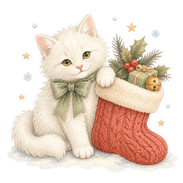 靴下に入った白猫を描いた水彩絵本タッチのかわいい猫のクリスマスイラスト