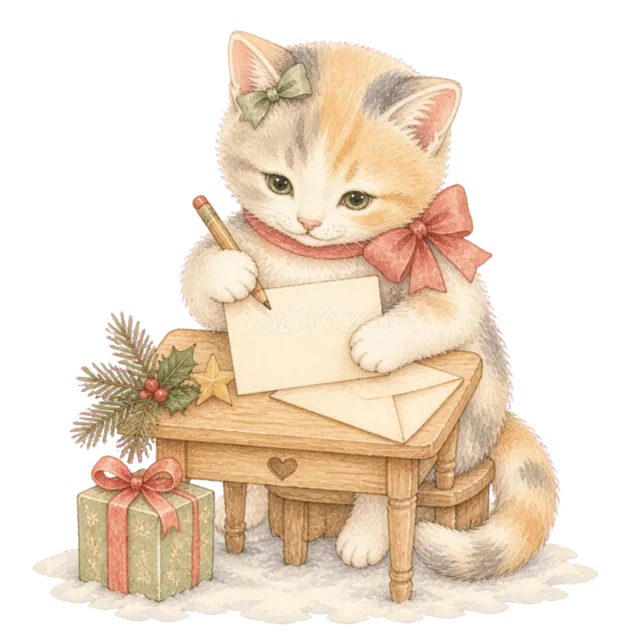 サンタへ手紙を書く猫を描いた水彩絵本タッチのかわいい猫のクリスマスイラスト