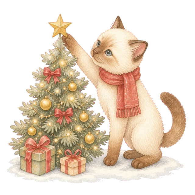 ツリーを飾る猫を描いた水彩絵本タッチのかわいい猫のクリスマスイラスト