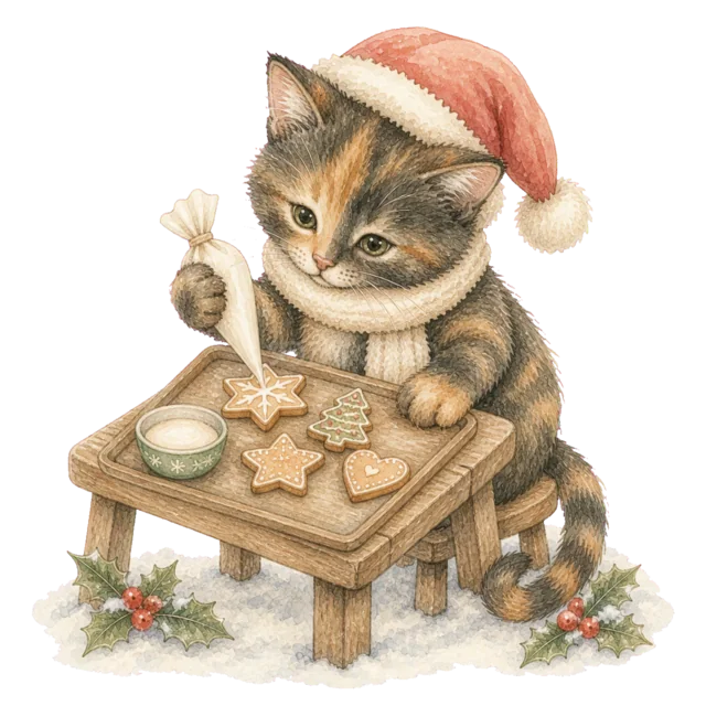 クッキーを作る猫を描いた水彩絵本タッチのかわいい猫のクリスマスイラスト