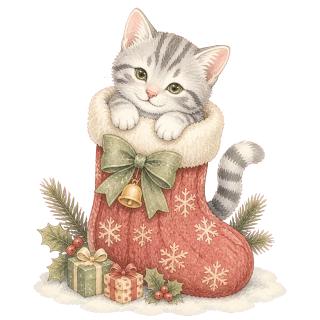 大きな靴下に入った猫を描いた水彩絵本タッチのかわいい猫のクリスマスイラスト