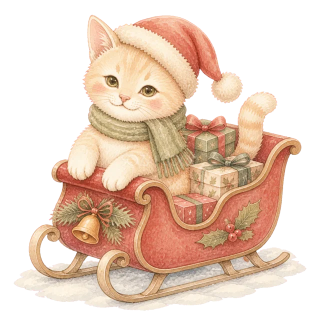 そりに乗る猫を描いた水彩絵本タッチのかわいい猫のクリスマスイラスト