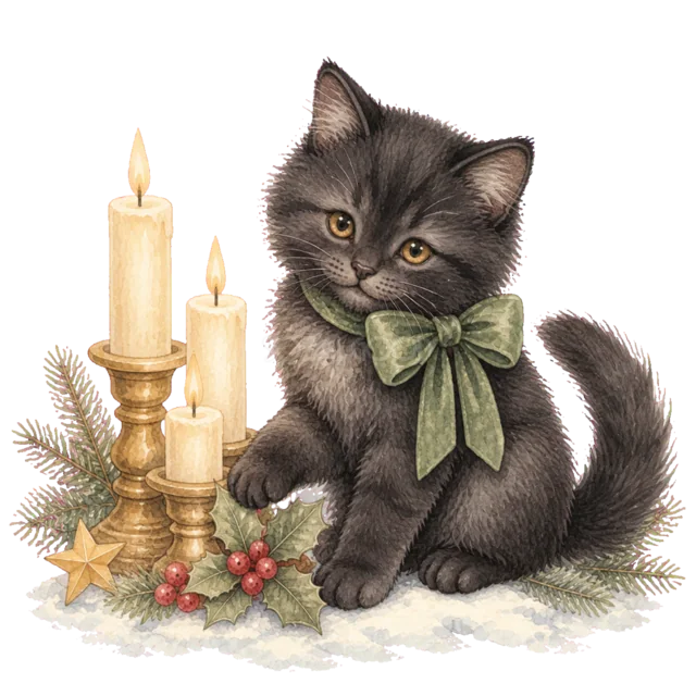 キャンドルを囲む黒猫を描いた水彩絵本タッチのかわいい猫のクリスマスイラスト